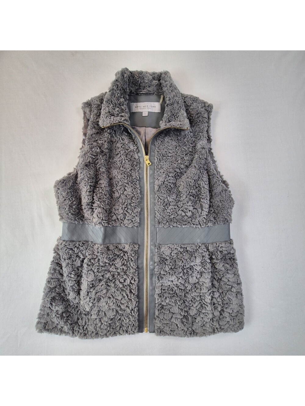 Marc New York Vest Women's Large Gray Faux Fur And Leather  Full-Zip Dressy